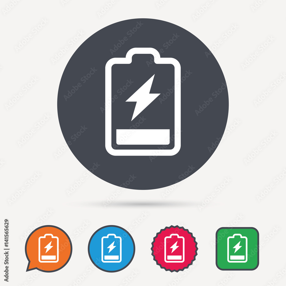 Battery power icon. Charging accumulator symbol. Circle, speech bubble and star buttons. Flat web icons. Vector Battery power icon. Charging accumulator symbol. Circle, speech bubble and star buttons. Flat web icons. Vector
