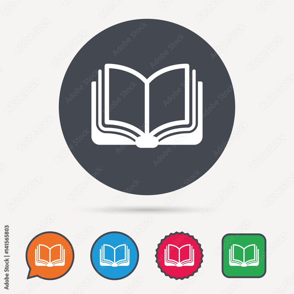 Book icon. Study literature sign. Education textbook symbol. Circle, speech bubble and star buttons. Flat web icons. Vector Book icon. Study literature sign. Education textbook symbol. Circle, speech bubble and star buttons. Flat web icons. Vector
