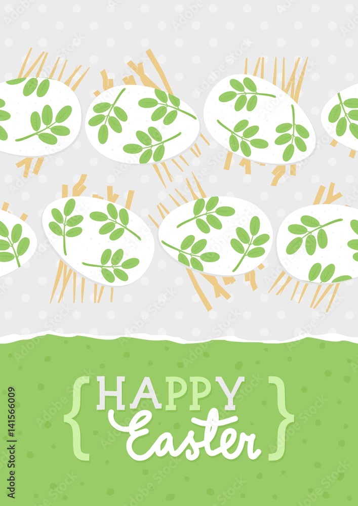 messy white eggs with green leaf motif, vector Easter card with ...