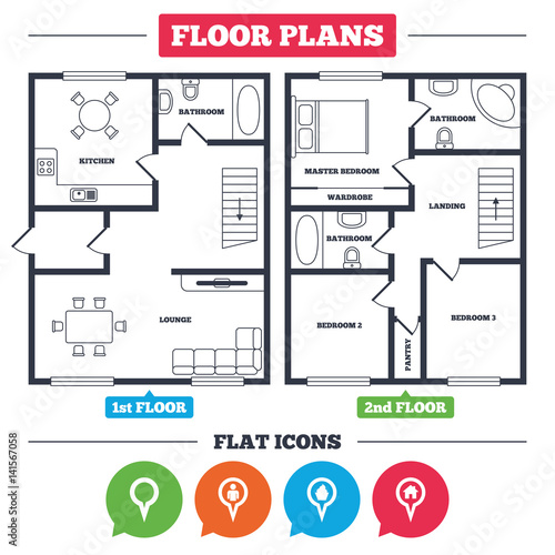 Map pointer icons. Home, food and user location.