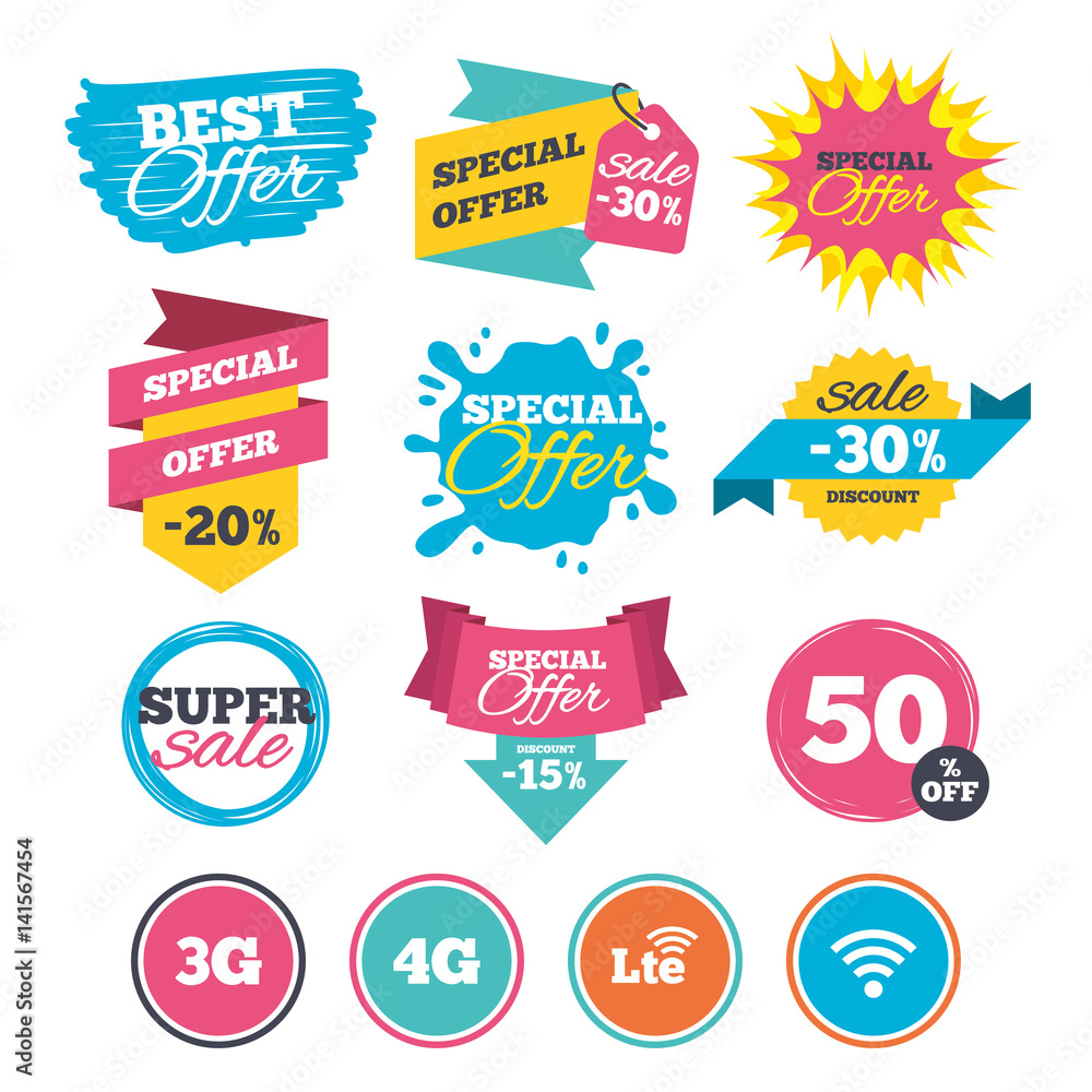 Mobile telecommunications icons. 3G, 4G and LTE.