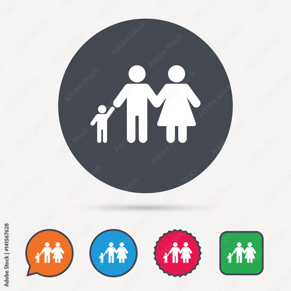 Family icon. Father, mother and child symbol. Circle, speech bubble and star buttons. Flat web icons. Vector Family icon. Father, mother and child symbol. Circle, speech bubble and star buttons. Flat web icons. Vector