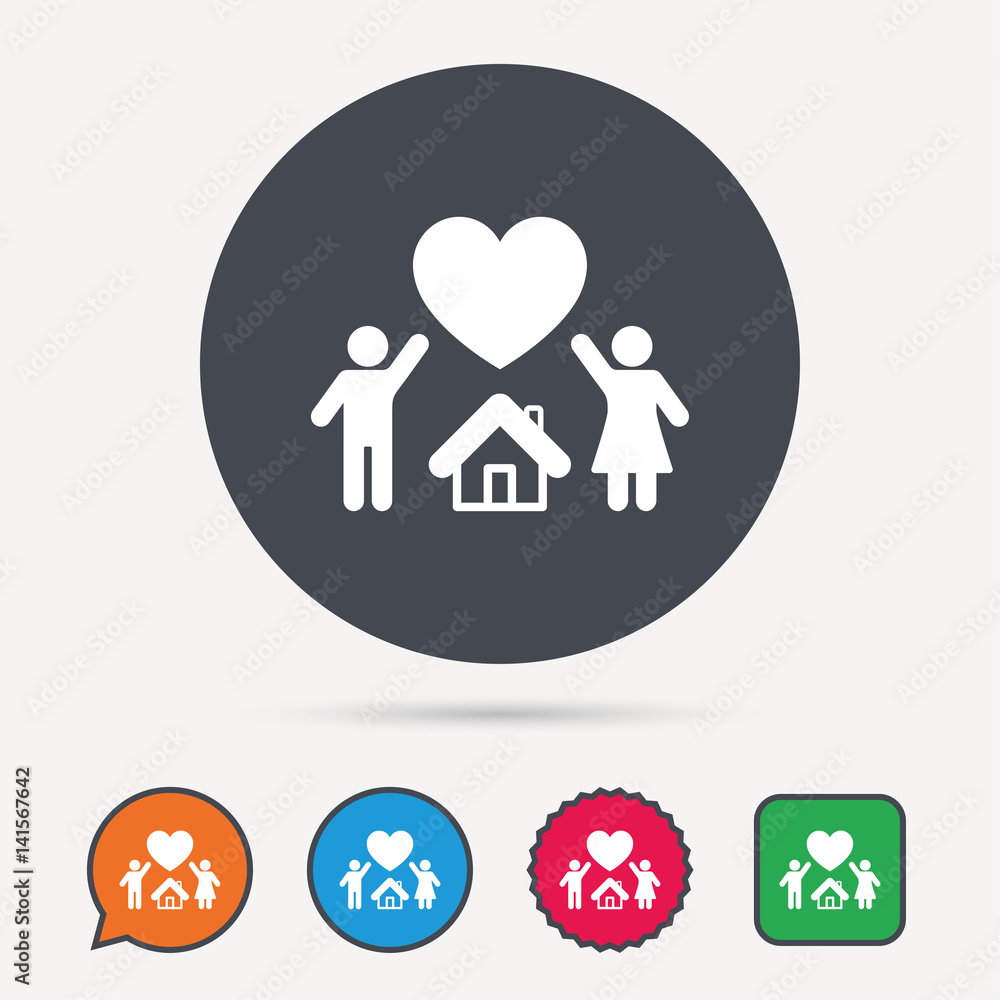 Family icon. Father, mother and child symbol. Circle, speech bubble and star buttons. Flat web icons. Vector Family icon. Father, mother and child symbol. Circle, speech bubble and star buttons. Flat web icons. Vector