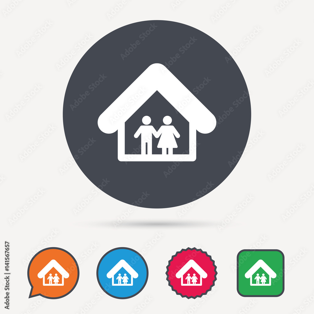 Family icon. Father and mother in home symbol. Circle, speech bubble and star buttons. Flat web icons. Vector Family icon. Father and mother in home symbol. Circle, speech bubble and star buttons. Flat web icons. Vector