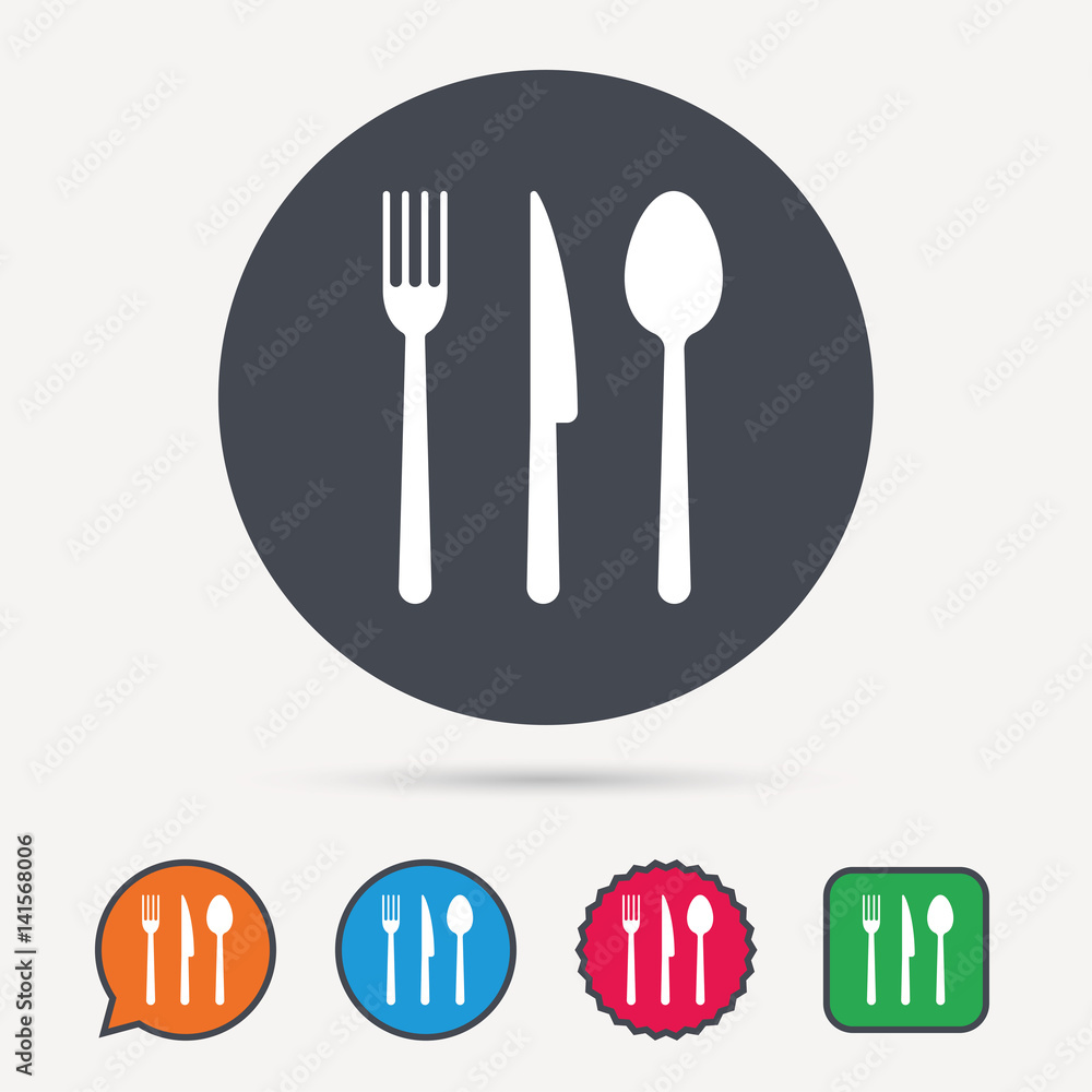 Fork, knife and spoon icons. Cutlery symbol. Circle, speech bubble and star buttons. Flat web icons. Vector Fork, knife and spoon icons. Cutlery symbol. Circle, speech bubble and star buttons. Flat web icons. Vector