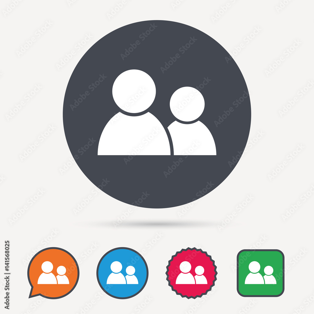 Friends icon. Group of people sign. Communication symbol. Circle, speech bubble and star buttons. Flat web icons. Vector Friends icon. Group of people sign. Communication symbol. Circle, speech bubble and star buttons. Flat web icons. Vector