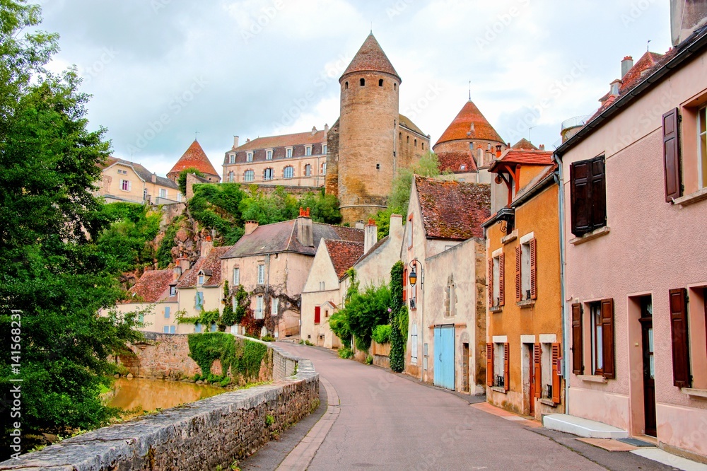 View toward the ancient fortified town of Semur en Auxois, Burgundy, France