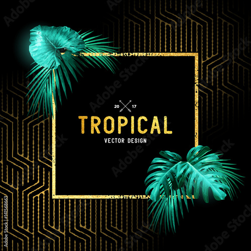 Vintage tropical border design with palm leaves and gold detail. Vector illustration