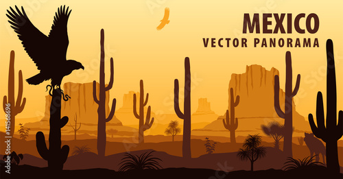 vector panorama of Mexico with eagle in desert