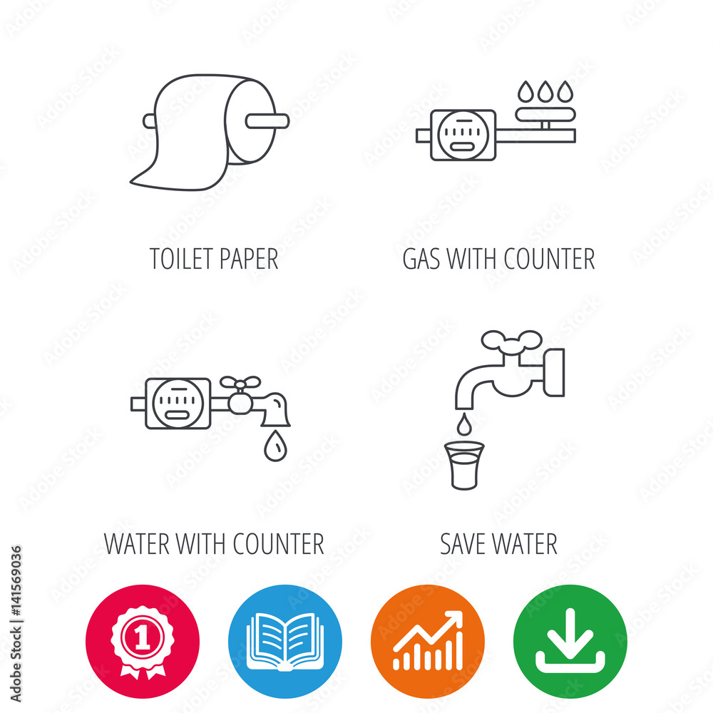 Toilet paper, gas and water counter icons. Save water linear sign. Award medal, growth chart and opened book web icons. Download arrow. Vector Toilet paper, gas and water counter icons. Save water linear sign. Award medal, growth chart and opened book web icons. Download arrow. Vector