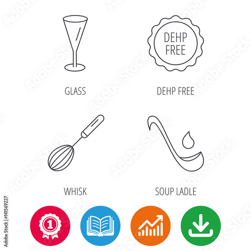 Soup ladle  glass and whisk icons. DEHP free linear sign. Award medal  growth chart and opened book web icons. Download arrow. Vector