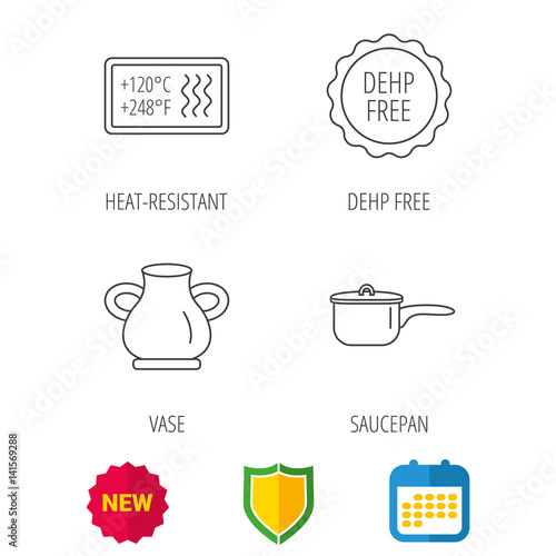 Saucepan, vase and heat-resistant icons. DEHP free linear sign. Shield protection, calendar and new tag web icons. Vector