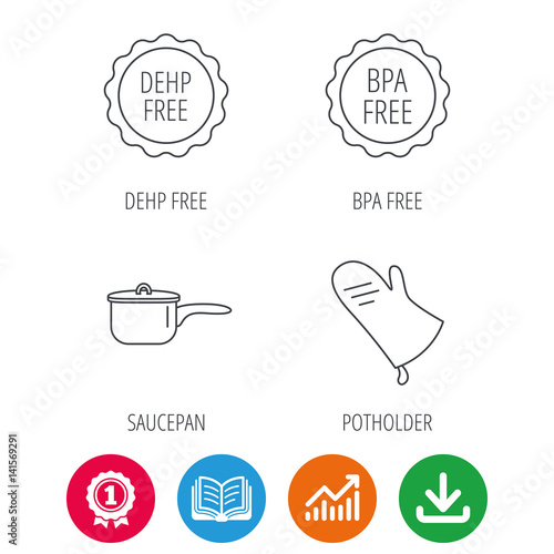 Saucepan, potholder and BPA free icons. DEHP free linear sign. Award medal, growth chart and opened book web icons. Download arrow. Vector