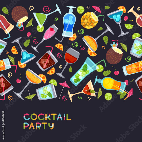 Vector seamless horizontal background with cocktails, juice, wine glasses. Hand drawn illustration. Beverages on black background. Design for party invitation, bar menu, alcohol drinks, wine list.