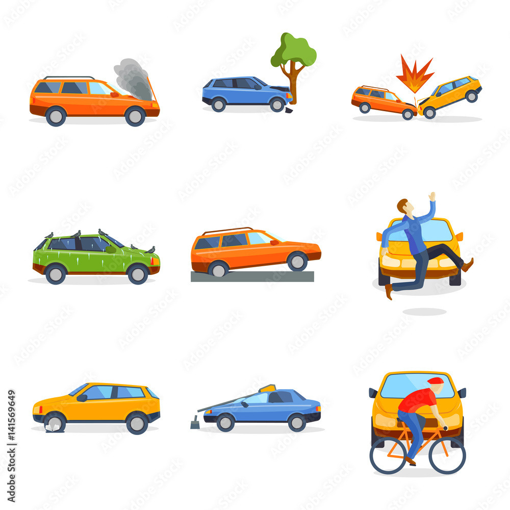 Naklejka premium Car crash collision traffic insurance safety automobile emergency disaster and emergency disaster speed repair transport vector illustration.