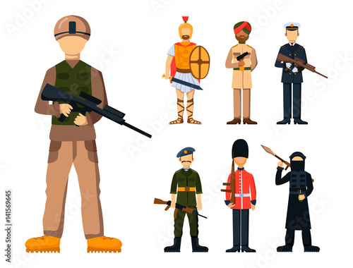 Military soldier character weapon symbols armor man silhouette forces design and american fighter ammunition navy camouflage sign vector illustration.
