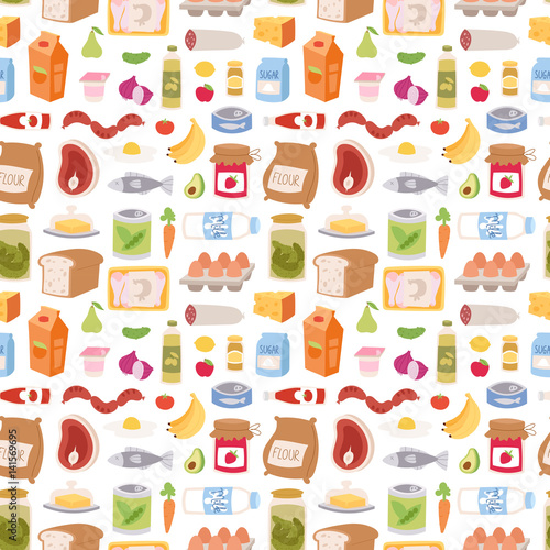 Everyday food icons patchwork vector seamless pattern