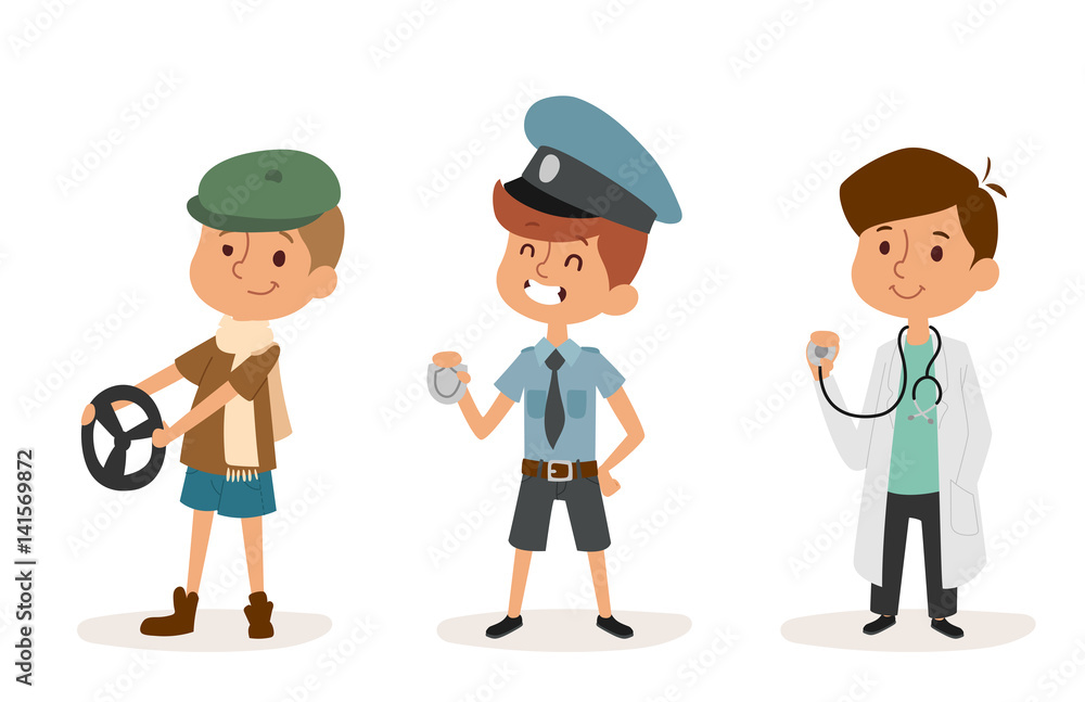 cartoon profession kids children vector set illustration person childhood policeman doctor driver uniform worker character
