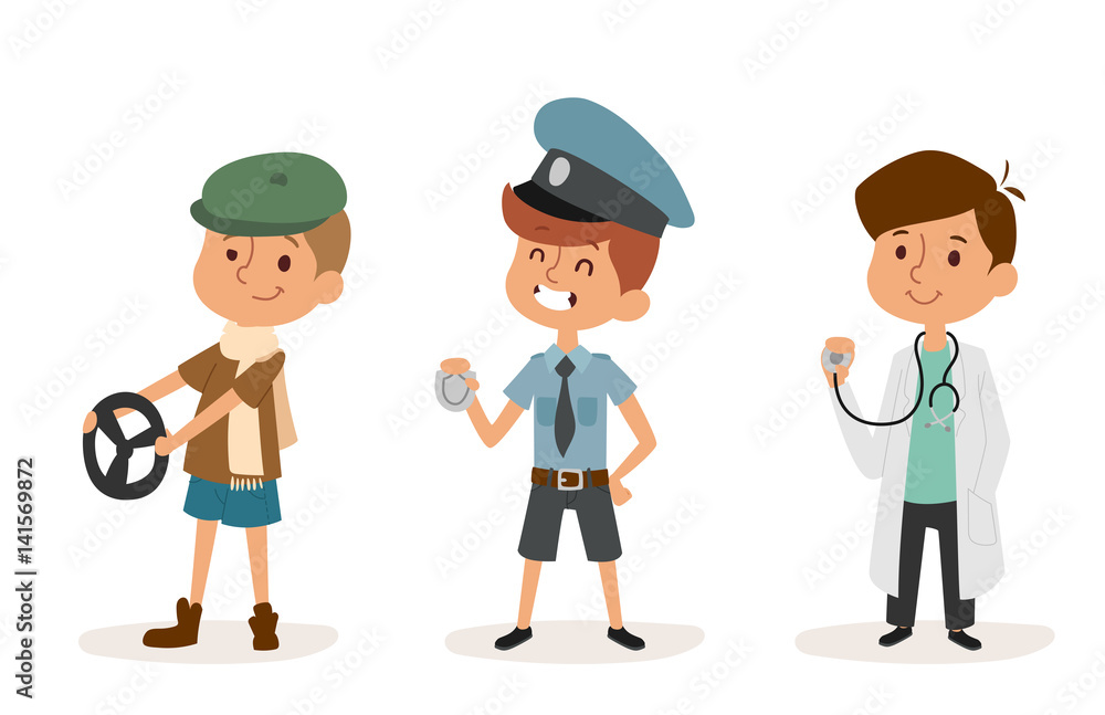 cartoon profession kids children vector set illustration person childhood policeman doctor driver uniform worker character cartoon profession kids children vector set illustration person childhood policeman doctor driver uniform worker character