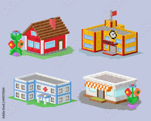 Cute colorful flat style house village pixel art real estate cottage and home design residential colorful building construction vector illustration.