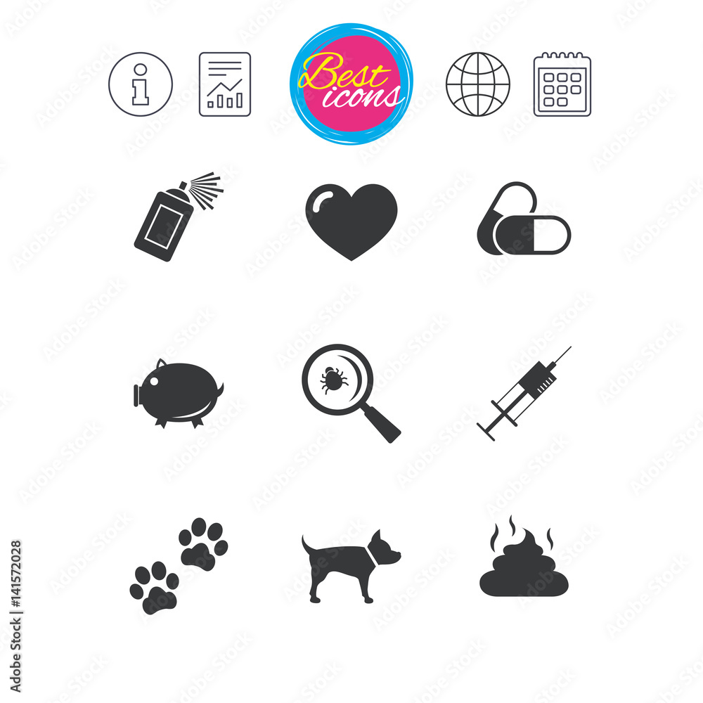 Veterinary, pets icons. Dog paws, syringe signs.