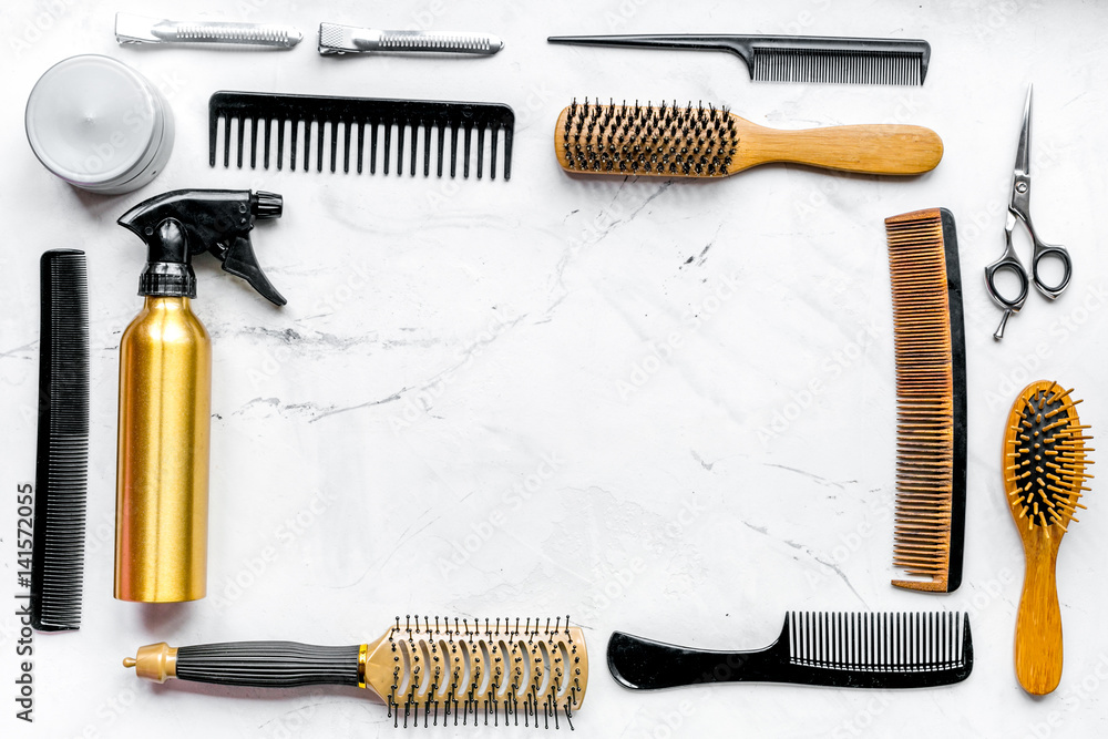 hairdressing concept with barber tools on white background top view mock up hairdressing concept with barber tools on white background top view mock up