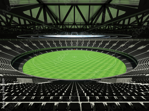3D render of a round Australian rules football stadium with black seats and VIP boxes