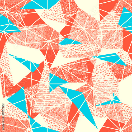 Geometric seamless pattern in retro style. Vintage background.Triangles and hand drawn patterns. Low poly seamless repeat pattern. Triangular facets. Vector pattern. Cyan Triangles