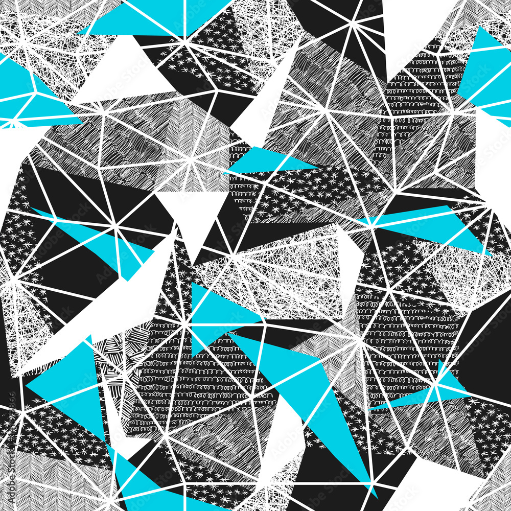 Fototapeta premium Geometric seamless pattern in retro style. Vintage background.Triangles and hand drawn patterns. Low poly seamless repeat pattern. Triangular facets. Vector pattern. Cyan Triangles