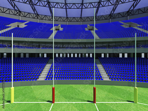 3D render of a round Australian rules football stadium with  blue seats and VIP boxes