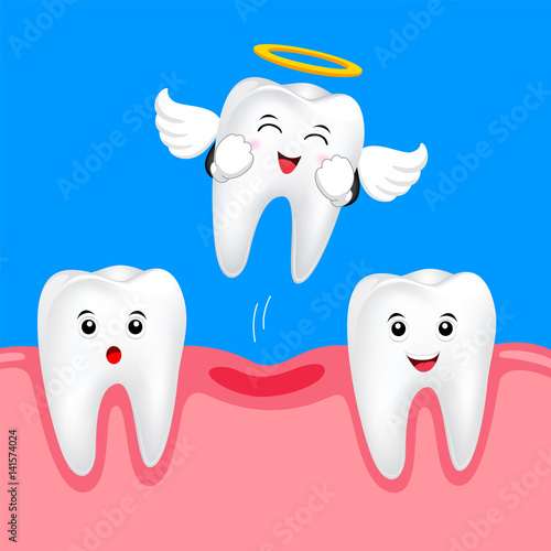 Funny cute Tooth Fairy flying. Happy white tooth, dental care concept. Illustration