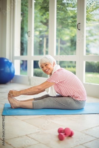 Portrait of senior woman performing stretching exercise at home