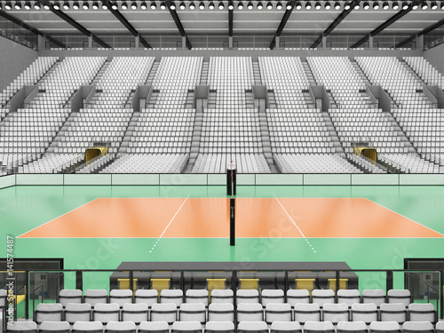 Beautiful sports arena for volleyball with white seats and VIP boxes