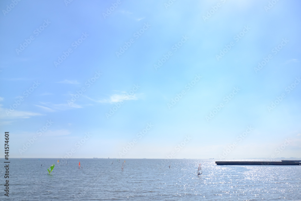 wide view of beautiful sky and yacht sailing a lot on the sea and