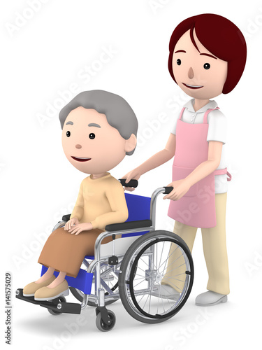 車いすのおばあさんと女性ヘルパー