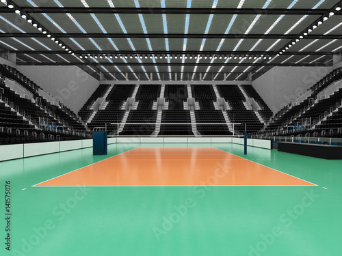 Beautiful sports arena for volleyball with black seats and VIP boxes