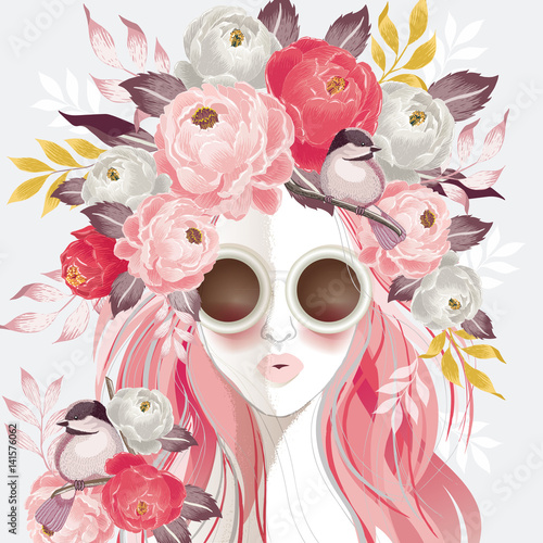 Fototapeta Naklejka Na Ścianę i Meble -  Vector illustration of a sunglasses woman with floral bouquet on her hair in spring for Wedding, anniversary, birthday and party. Design for banner, poster, card, invitation and scrapbook				