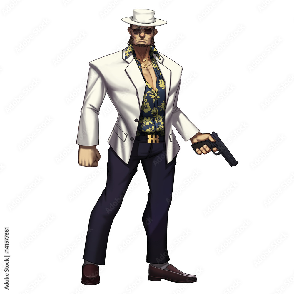 Cool Characters Series: Mafia Gangster Cowboy Man with Gun isolated on White Background. Video Game's Digital CG Artwork, Concept Illustration, Realistic Cartoon Style Background and Character Design Cool Characters Series: Mafia Gangster Cowboy Man with Gun isolated on White Background. Video Game's Digital CG Artwork, Concept Illustration, Realistic Cartoon Style Background and Character Design