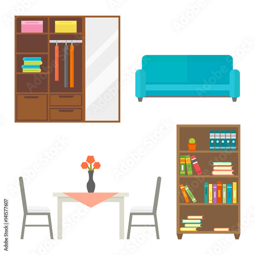 Furniture home decor icon set indoor cabinet interior room library office bookshelf modern restroom silhouette decoration vector illustration