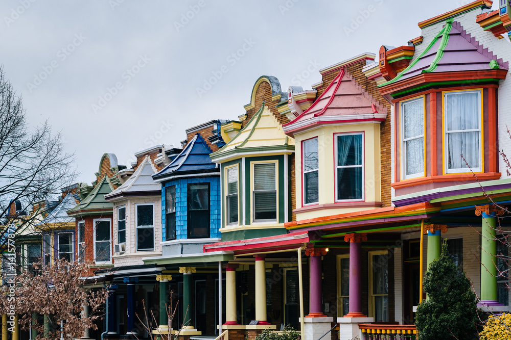 The colorful Painted Ladies row houses, on Guilford Avenue, in Charles Village, Baltimore, Maryland.