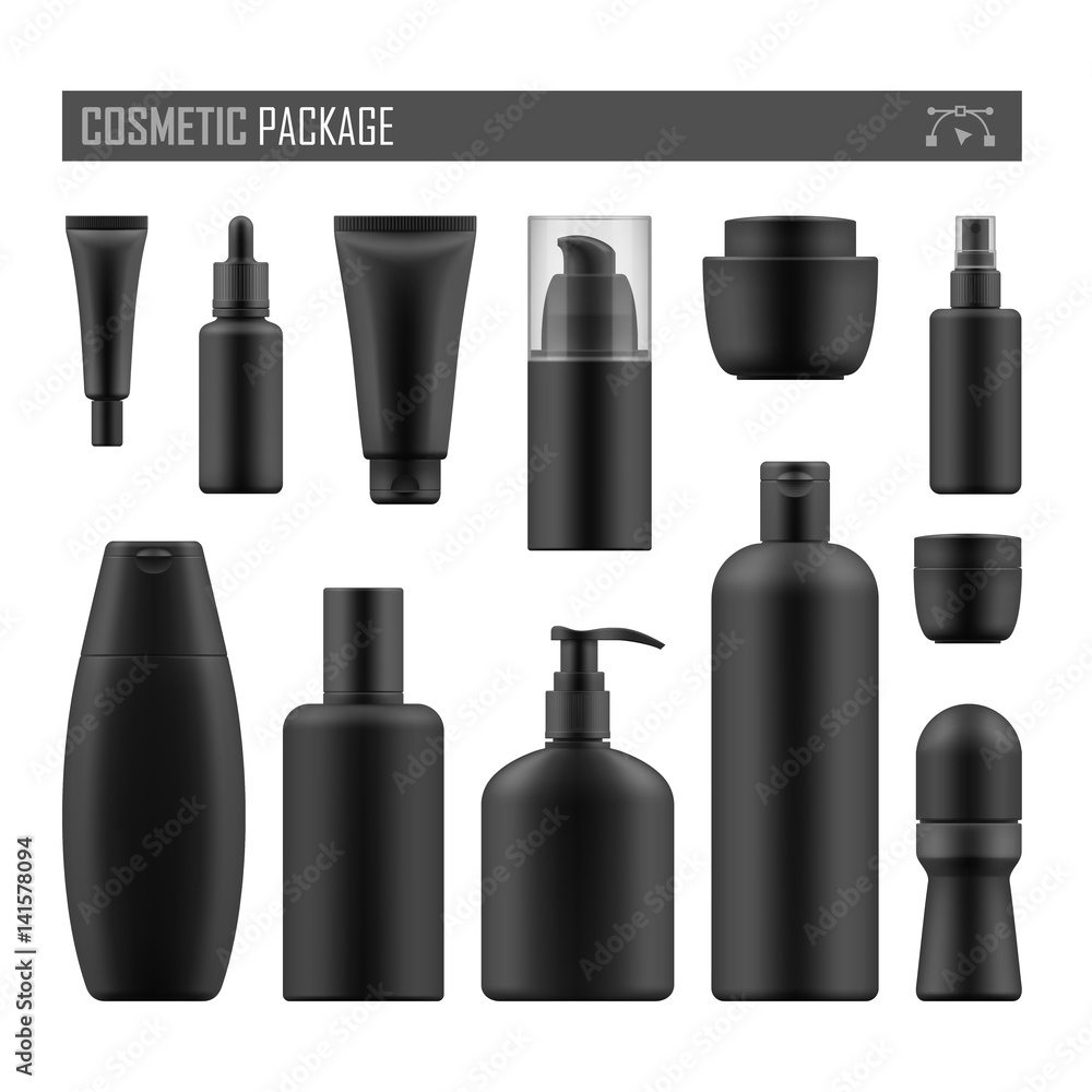 Set of realistic black package for luxury cosmetic product: tube cream, bottle with pump dispenser or spray, oil, lotion or shampoo, gel shower and liquid soap. Vector mockup of isolated on white Set of realistic black package for luxury cosmetic product: tube cream, bottle with pump dispenser or spray, oil, lotion or shampoo, gel shower and liquid soap. Vector mockup of isolated on white