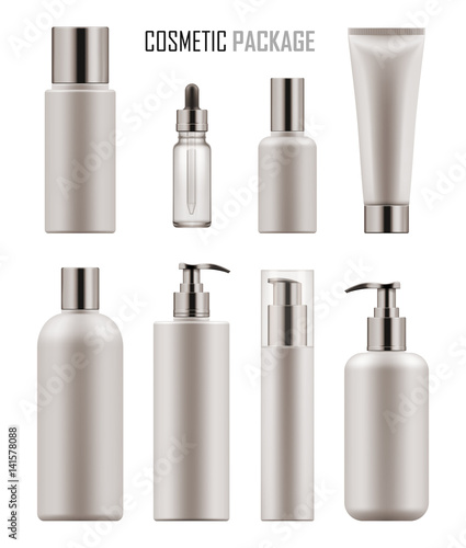 Set of realistic empty packages for body cosmetic. Collection of blank template of container for lotion or tonic, serum or oil, tube for cream, bottle with pump. Vector mock-up isolated on white