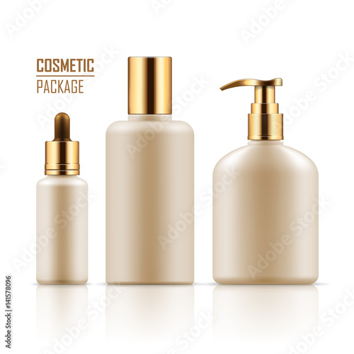 Blank template of packages. Cosmetic for hygiene and clean. Set of empty realistic plastic containers with gold caps: body cream bottle, liquid soap with dispenser. Vector mockup isolated on white.