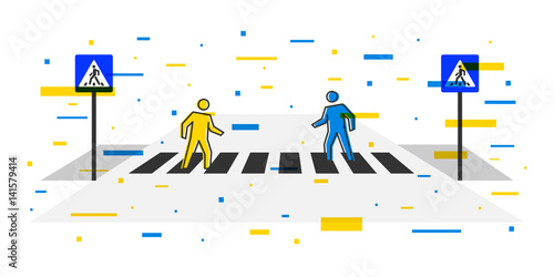 Pedestrian crossing vector illustration with decorative elements. Crosswalk with pedestrians and road signs creative concept. People crossing zebra graphic design.

