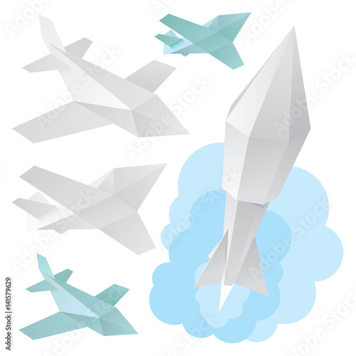 paper art jet and rocket set, 3d illustration