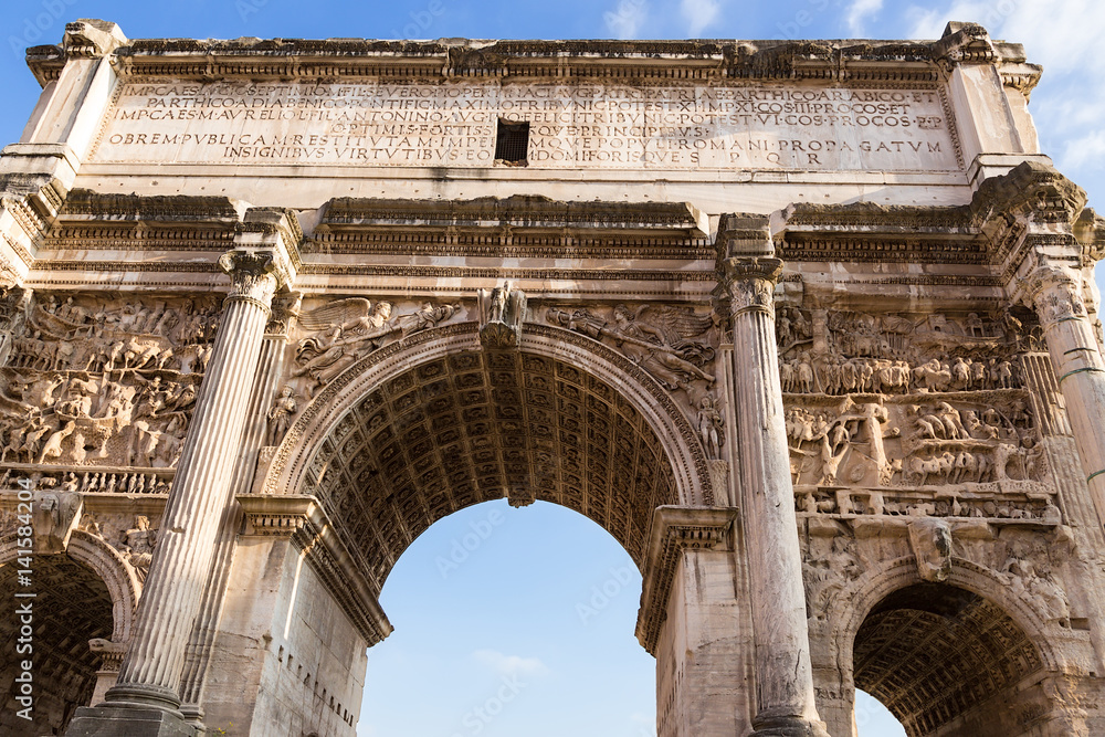Rome, Italy. The Triumphal Arch of the Emperor Septimius Severus at the Roman Forum, 205