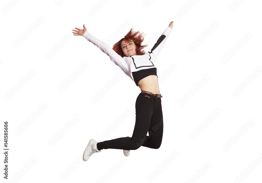 Young casual woman jumping. Isolated