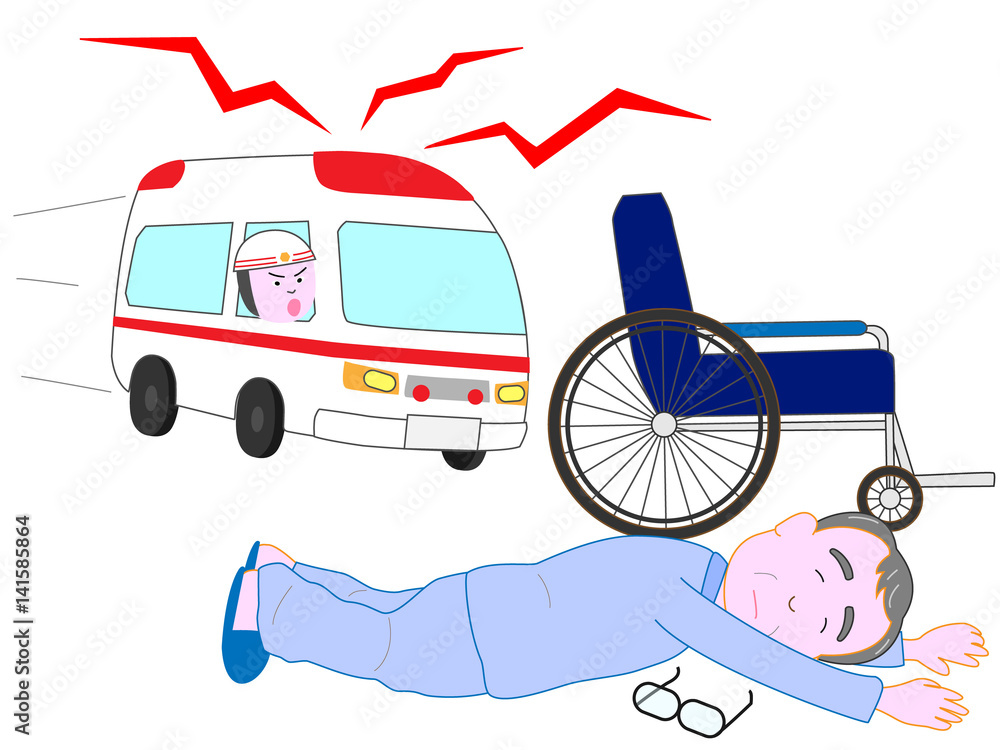 Φωτογραφία 車椅子のそばで高齢者が倒れている。救急車が来た。