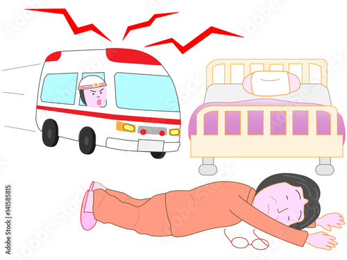 ベッドのそばで高齢者が倒れている。救急車が来た。