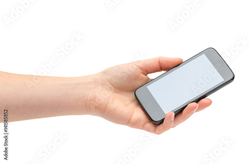 hand of young girl holding black phone.